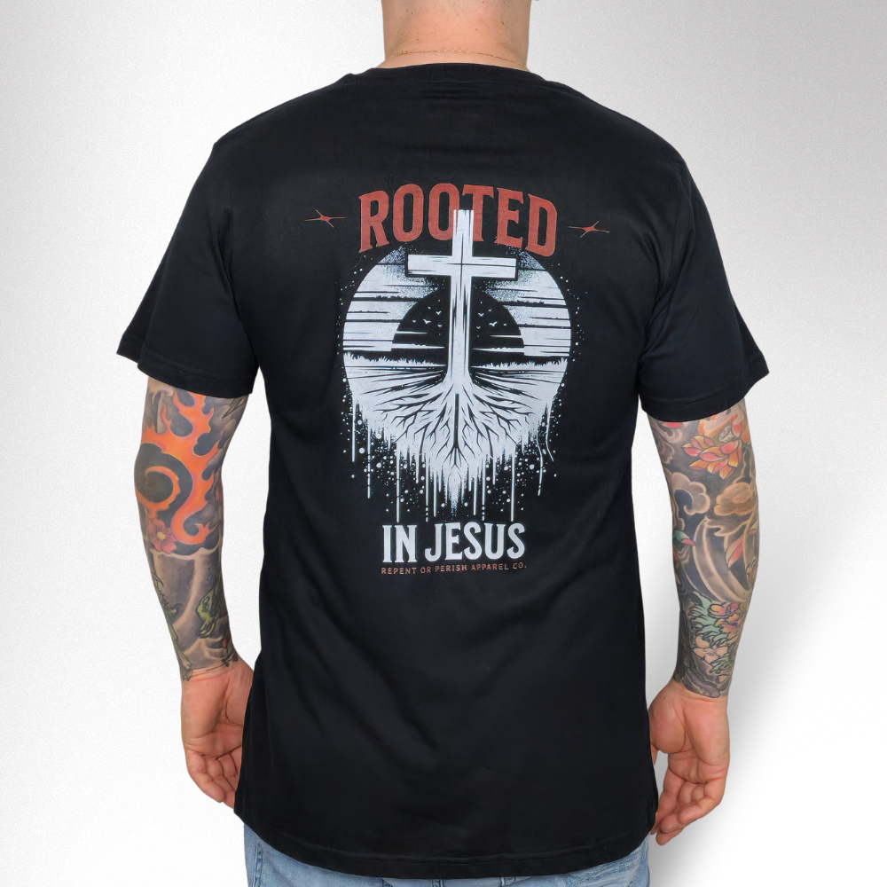 ROOTED IN CHRIST TWO TONE HERREN BASIC T-SHIRT - REPENT OR PERISH