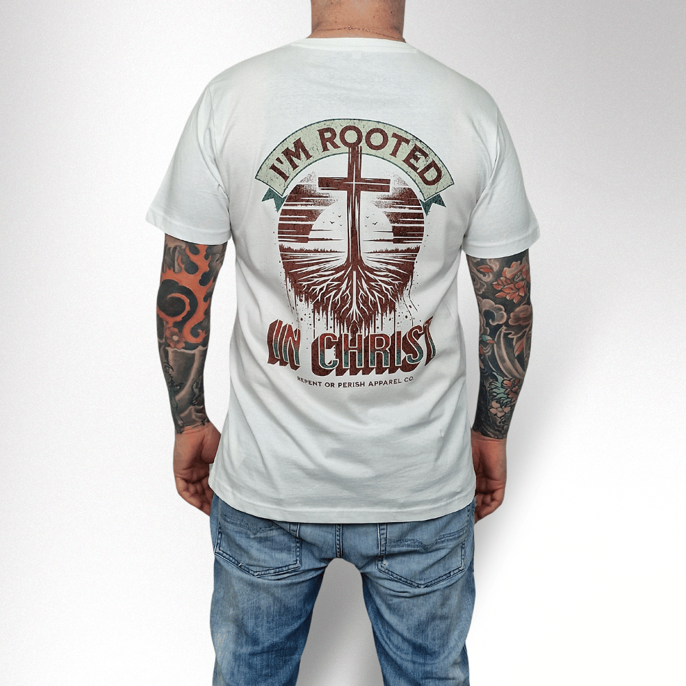 ROOTED IN CHRIST GRAPHIC HERREN BASIC T-SHIRT - REPENT OR PERISH