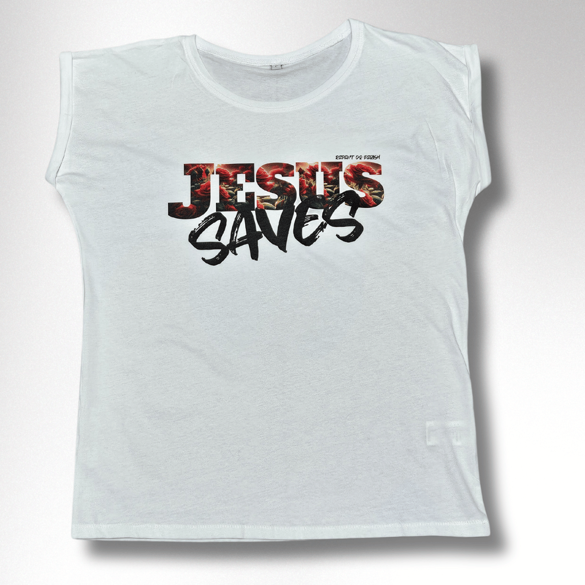 JESUS SAVES DAMEN SHOULDER T-SHIRT 2D