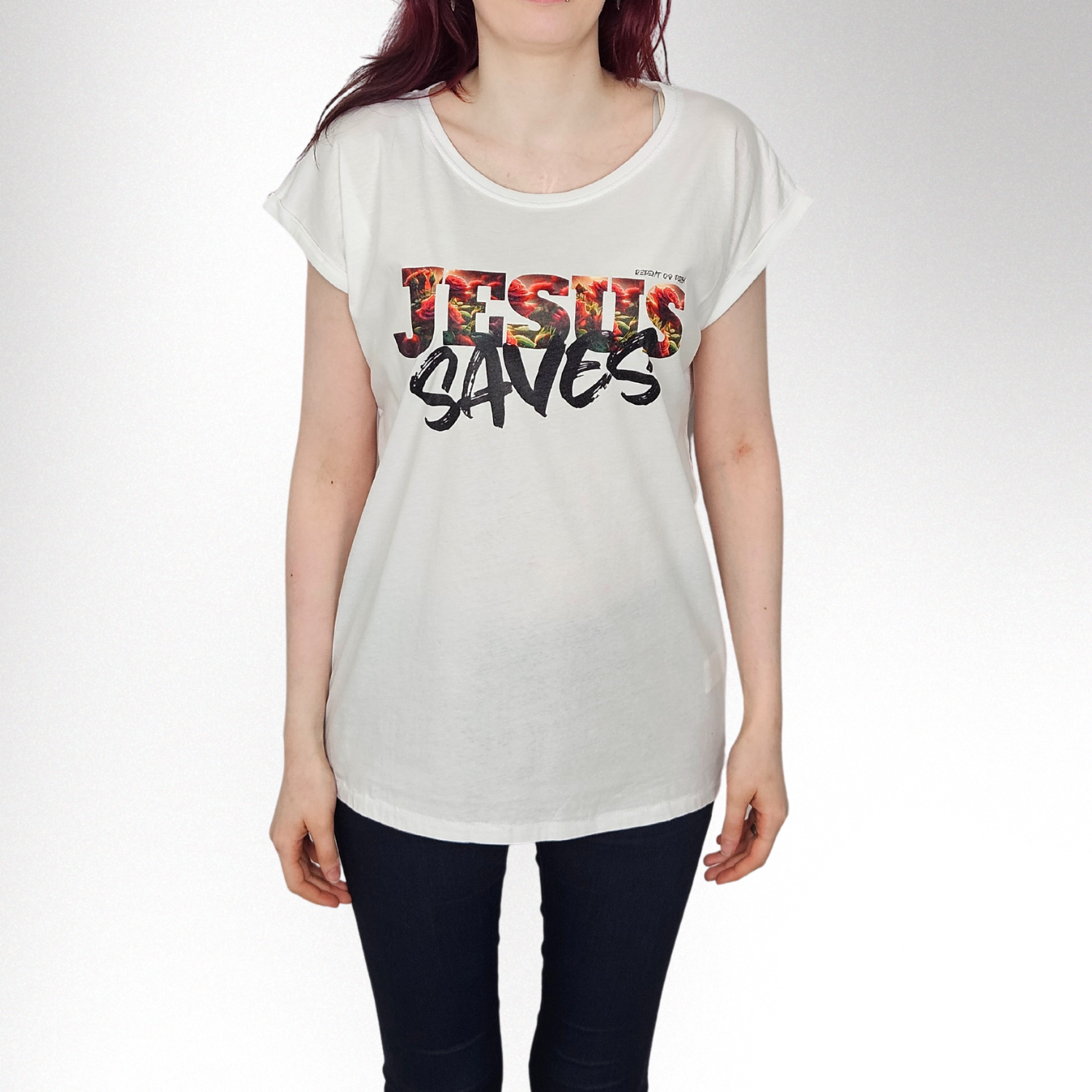 JESUS SAVES FRAUEN SHOULDER T-SHIRT